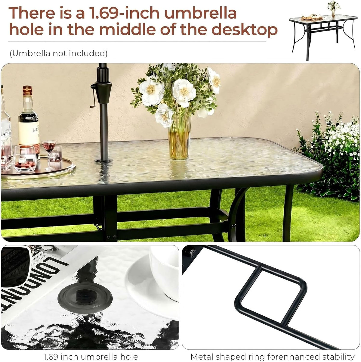 TLSUNNY Patio 30"X 55" Rectangular Glass Table with 1.69″ Umbrella Hole