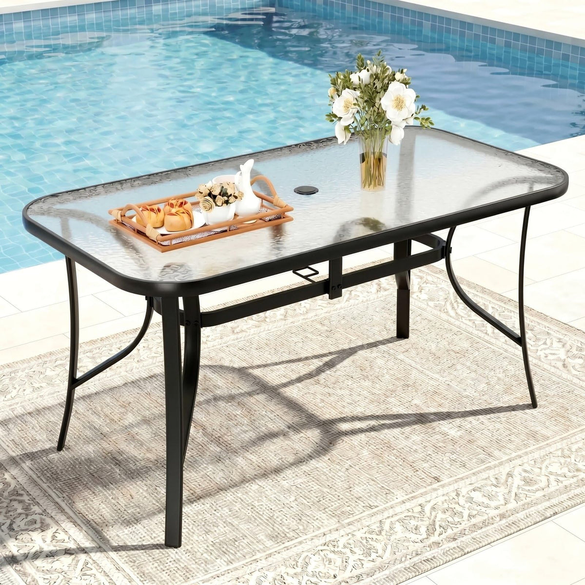 TLSUNNY Patio 30"X 55" Rectangular Glass Table with 1.69″ Umbrella Hole