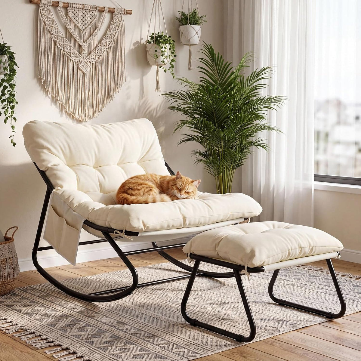 Arlopu Outdoor Rocking Chair with Ottoman, Papasan Rocking Chair