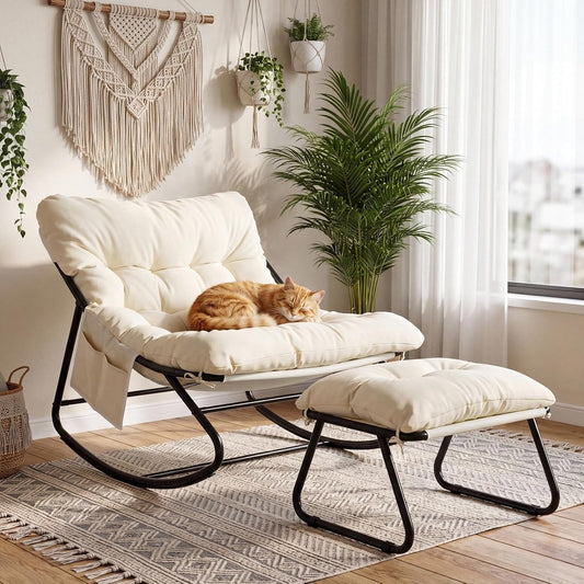Arlopu Outdoor Rocking Chair with Ottoman, Papasan Rocking Chair
