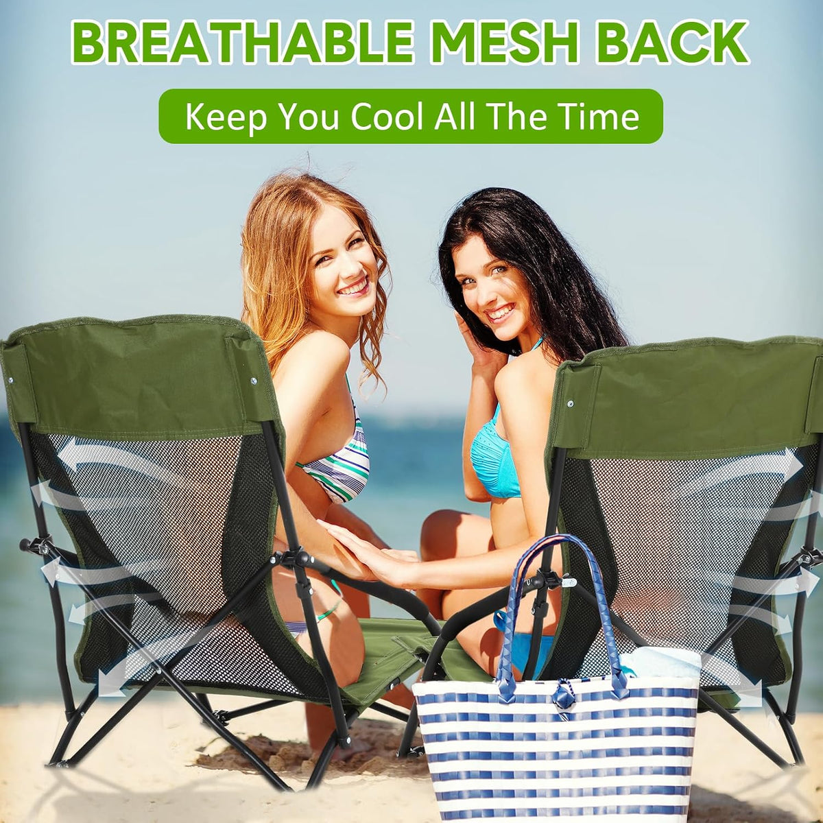 Menkxi 2 Pack Low Beach Chairs for Adults, Portable Folding Sand Chairs with Cup Holder and Carry Bag, Lightweight High Back Camping Chair for Beach Trips, Concerts, BBQ, Lawn, Outdoor (Army Green)