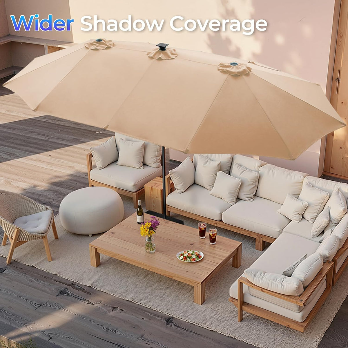 SUPERJARE 15ft Large Patio Umbrella with Base included, Double Sided Outdoor Umbrella with Solar Lights, Pool Umbrella with Fade Resistant Canopy for Deck, Porch, Yard, Balcony, Beige