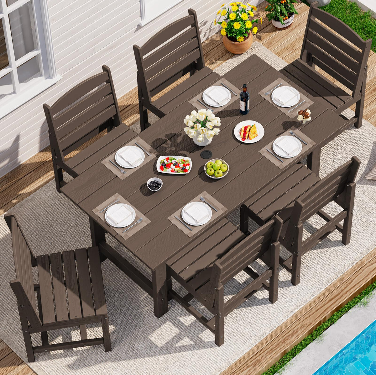 SERWALL 7 Pcs Outdoor Dining Set, 67" HDPE Dining Set for 6, Black