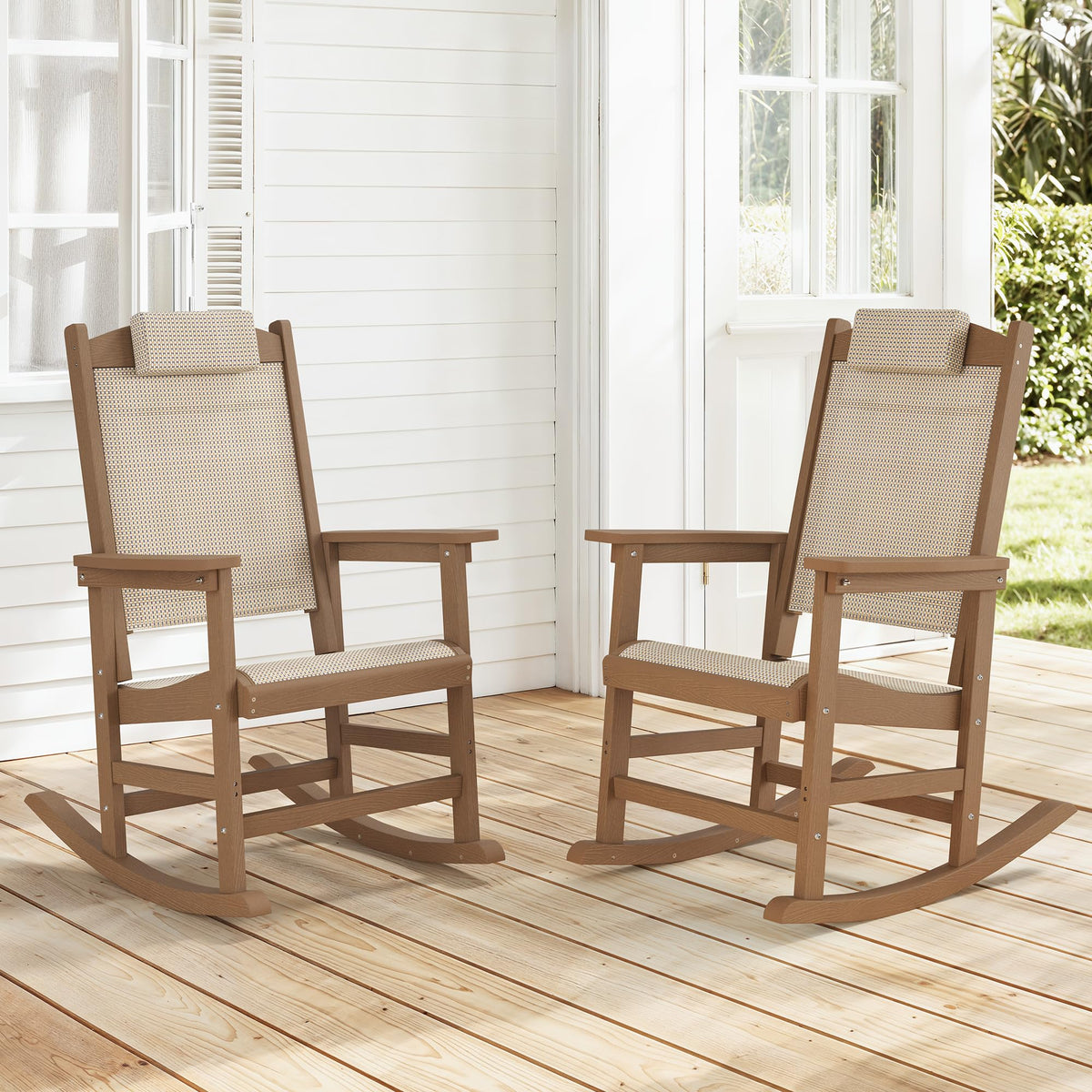 Outdoor Rocking Chair Set of 2 with Removable Headrest, HDPE All-Weather Rocker with Breathable Textilene, Patio Rocking Chairs for Adult, High Back Smooth for Porch, Garden, Lawn, Black