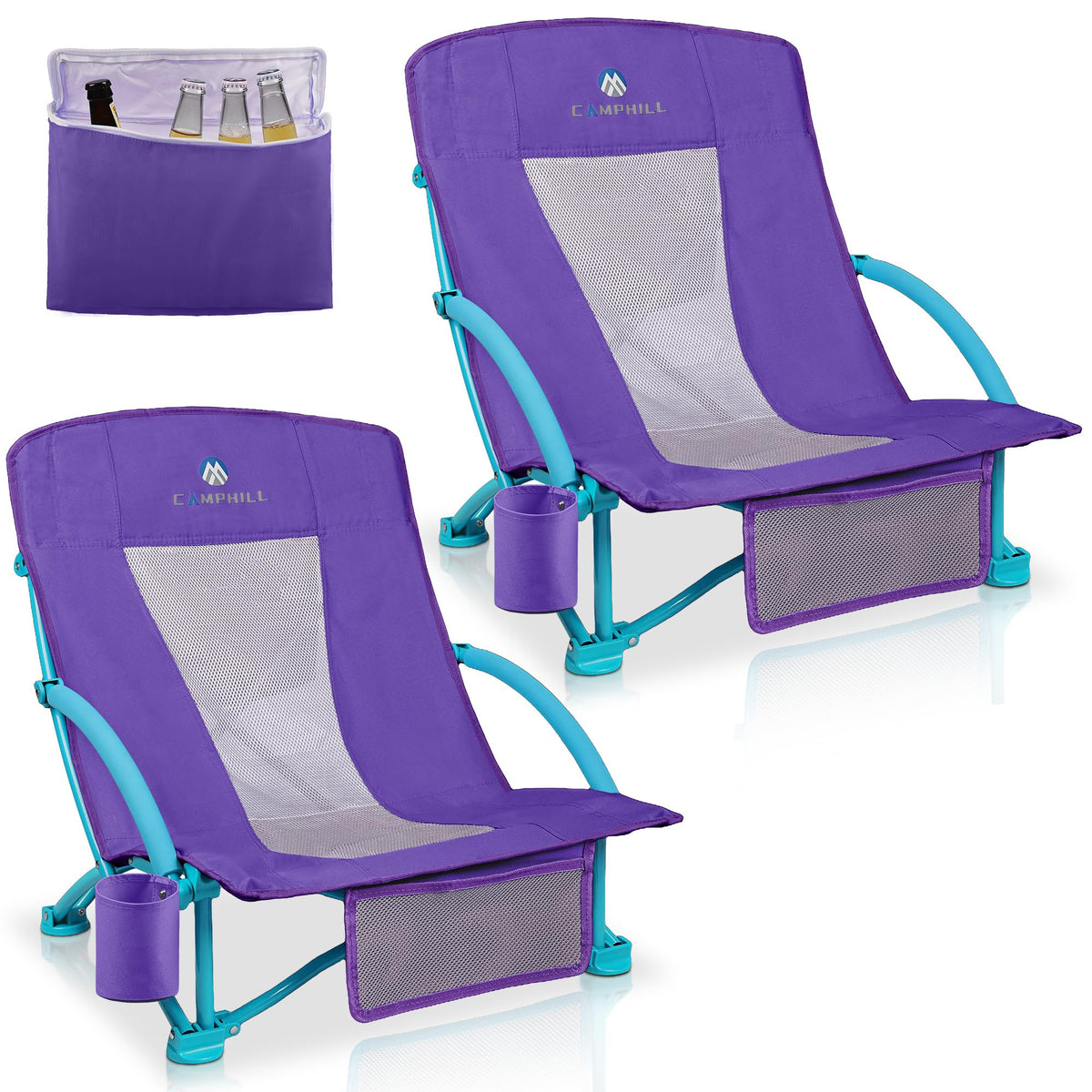 Beach Chairs for Adults 2 Pack,Heavy Duty Folding Low Back Camping Chairs w/Cooler Bag,Mesh Back,Cup Holder & Storage Bag,Compact Sling Chair for Lawn,Picnic,Travel,Orange Strip