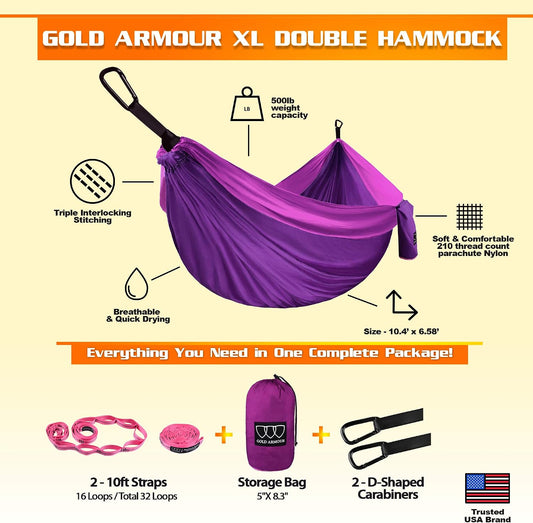 Gold Armour Camping Hammock - XL Double Hammock Portable Hammock Camping Accessories Gear for Outdoor Indoor with Tree Straps, USA Based Brand (Purple and Fuchsia)