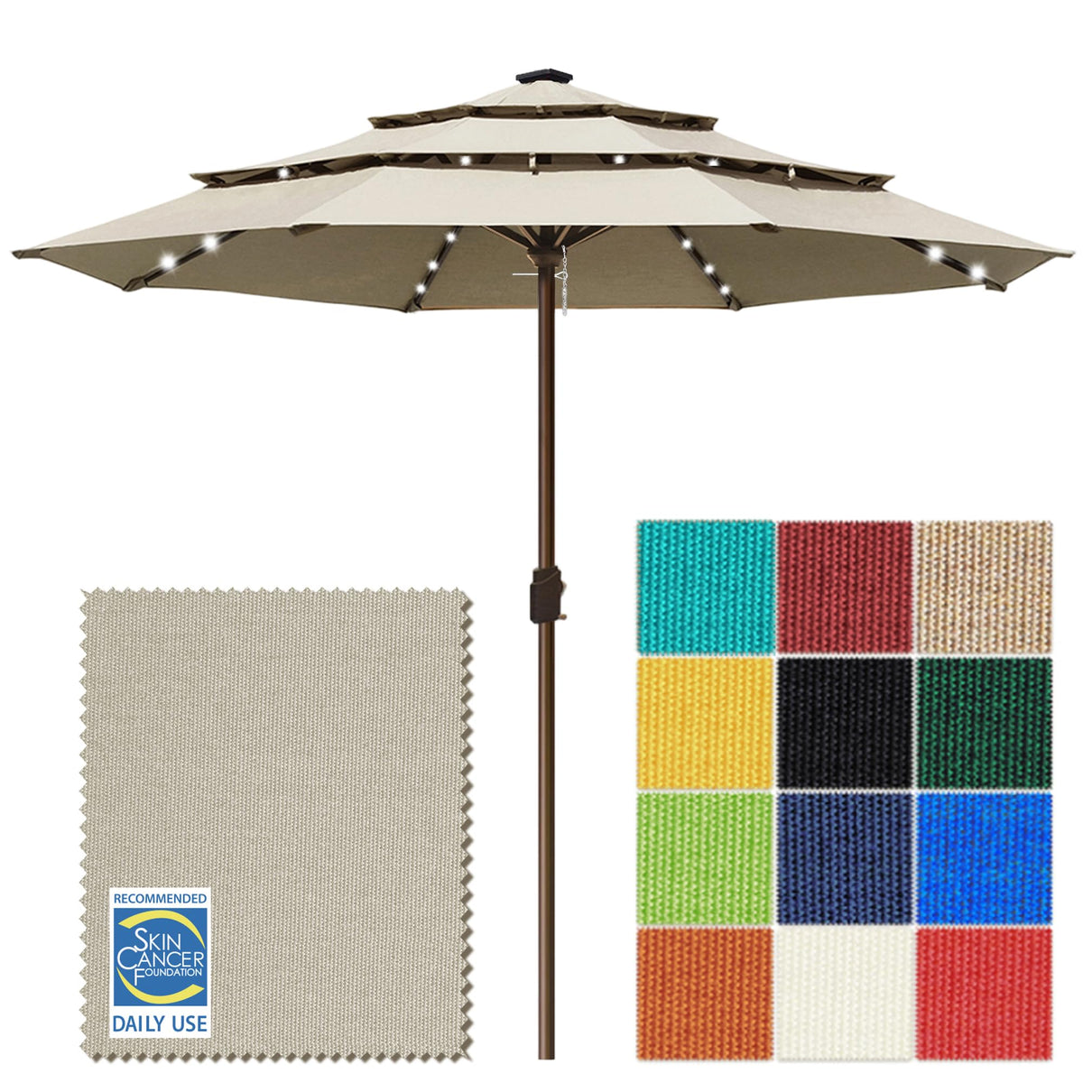 EliteShade USA 10-Year-Non-Fading 9ft 3-Tier Market Patio Umbrella, Commercial Table Umbrella with 80 Solar LED Lights, Crank Open, Windproof & UPF 50+ UV Protection for Garden, Deck, Pool, Backyard, Heather Beige