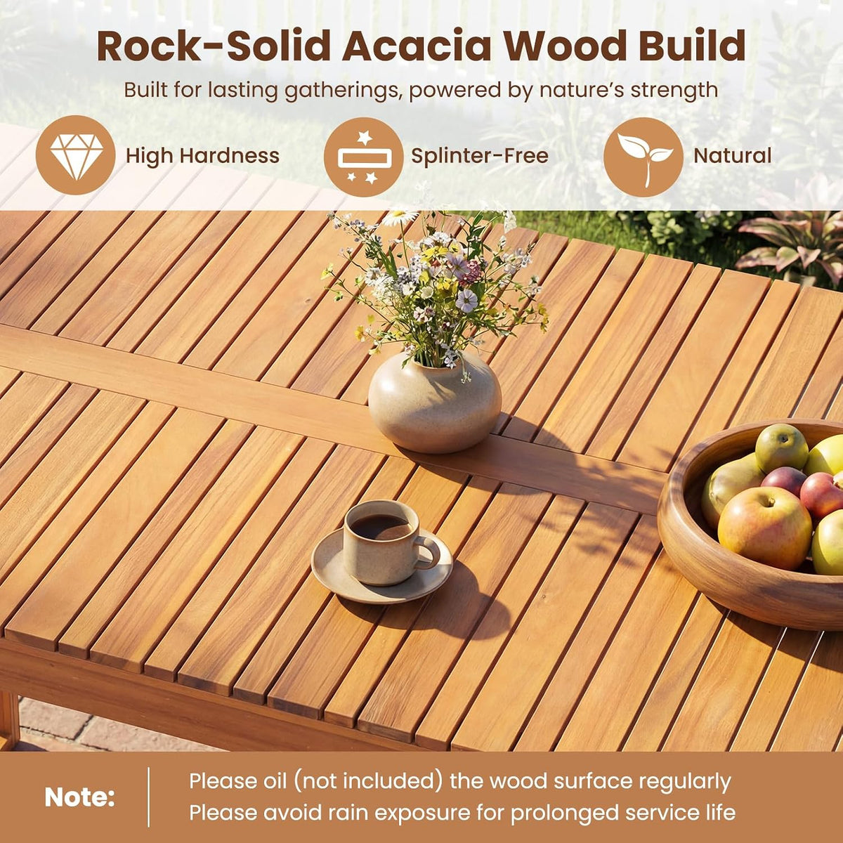 Tangkula 3 Pieces Patio Wooden Dining Set, Acacia Wood Rectangular Picnic Beer Table with 2 Benches for 4 People, Outdoor Dinner Furniture Set for Backyard, Garden and Poolside