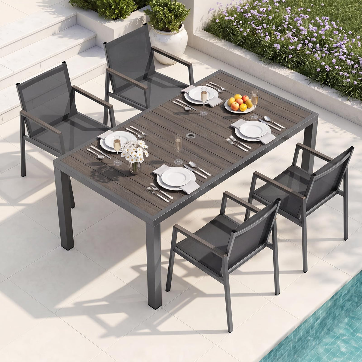 Outdoor Dining Set, 7 Piece Aluminum Patio Table and Chairs Set, All Weather Patio Dining Furniture Set with Umbrella Hole for Backyard, Deck, Poolside (Gray-Teak)