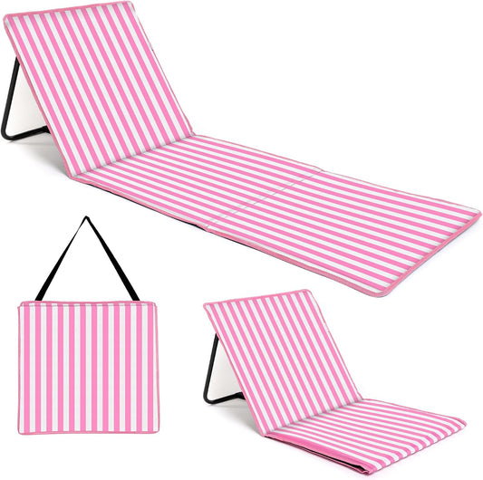 just be... Beach Chair with Backrest, Foldable Lightweight Reclining Beach Mat, Portable Padded Lounge Seat with Carry Strap & Zip Pocket – Pink Stripes