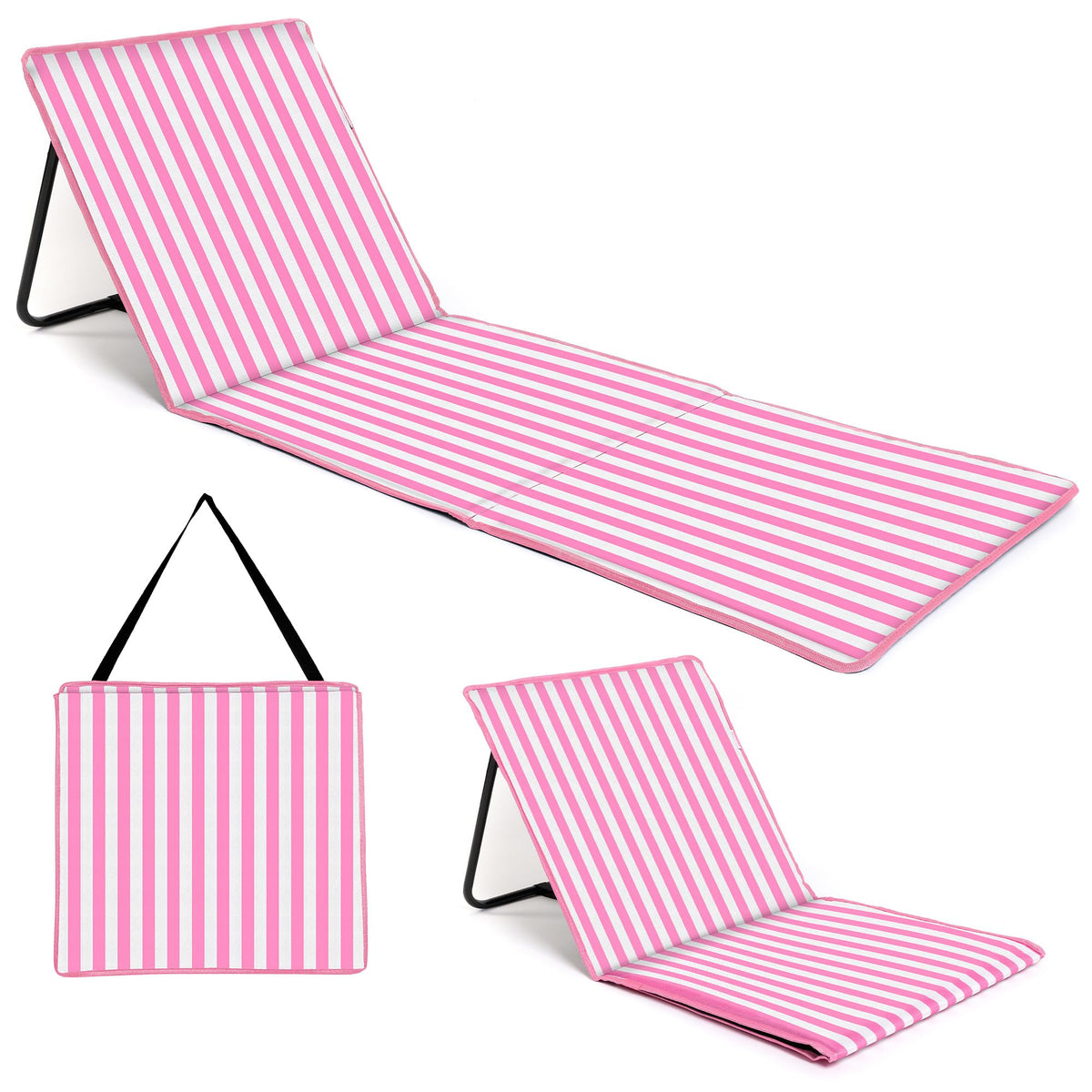 just be... Beach Chair with Backrest, Foldable Lightweight Reclining Beach Mat, Portable Padded Lounge Seat with Carry Strap & Zip Pocket – Pink Stripes