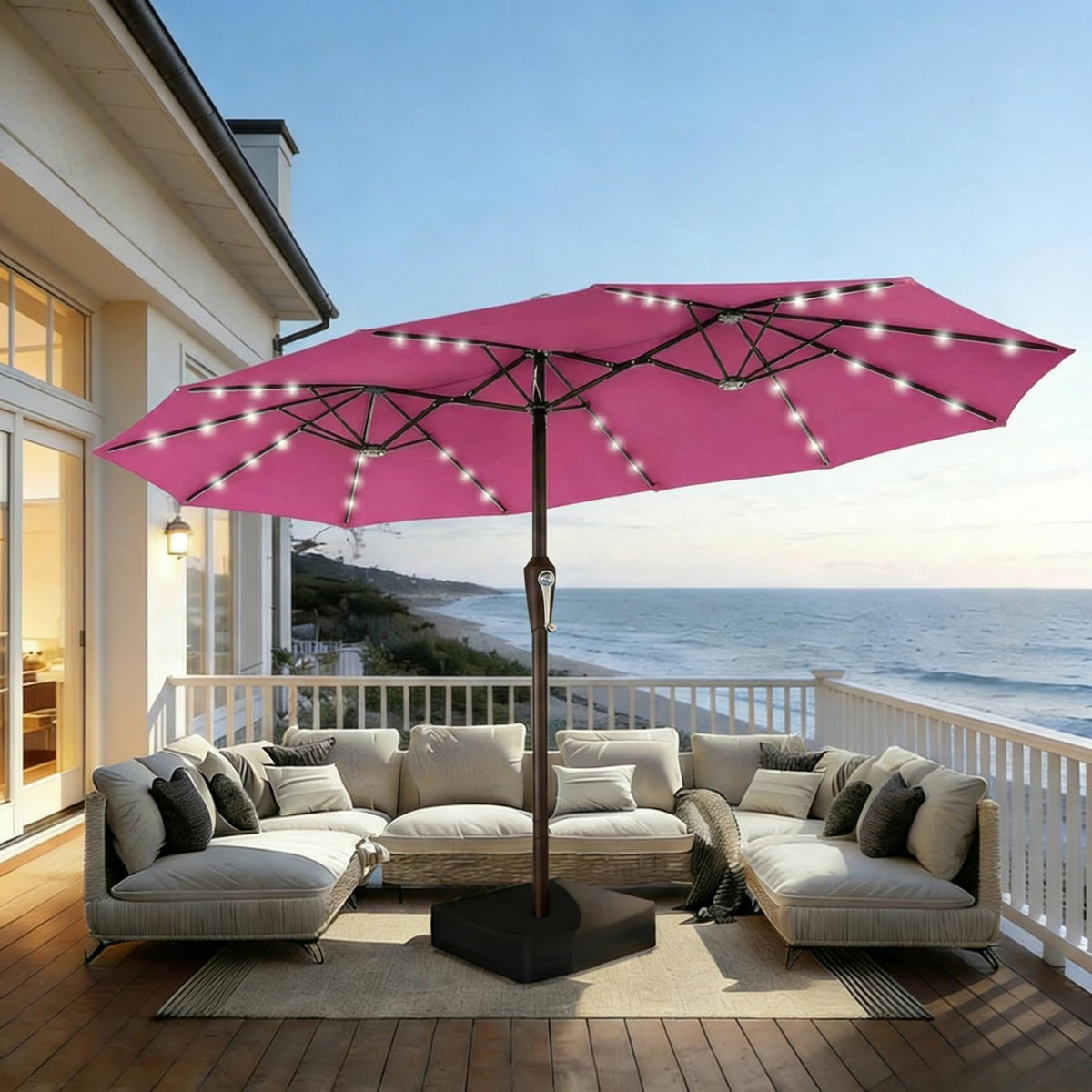 15FT Patio Umbrella with Solar Lights, Double-Sided Extra Large Outdoor Table Umbrella with Base Included, Heavy-Duty 12 Iron Ribs Market Umbrella for Garden, Pool, Backyard, Turquoise Blue