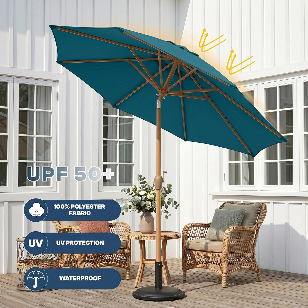 9ft Outdoor Patio Umbrella, Market Table Umbrella with Crank and Easy Push Button Tilt, Wood Grain Frame, UPF 50+ for Pool, Garden, Deck, Backyard