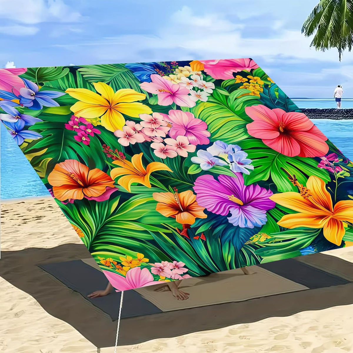 Miytal Tropical Floral Sun Shade Sail – 6'×6' Vibrant Hibiscus Palm Leaf Outdoor Canopy, UV Resistant Patio Shade Cloth for Garden, Backyard, Deck & Poolside Decor
