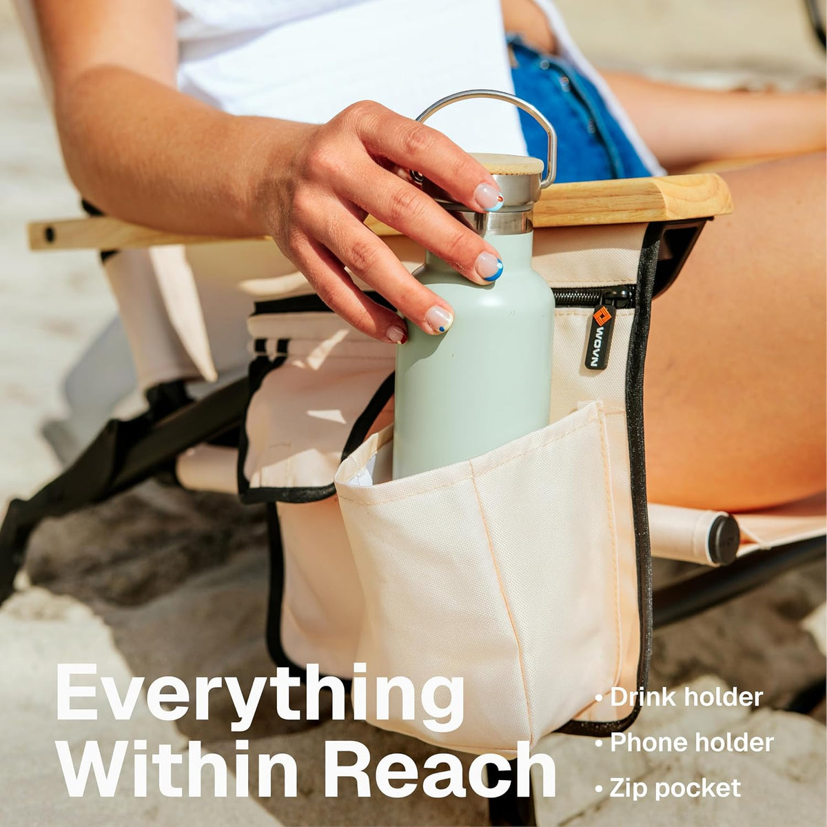 WOVN Premium Reclining Beach Chairs - Portable Lay Flat Folding Beach Chair for Adults - Includes Shoulder Backpack Strap, Pillow, 2 Pockets, and Cup Holder - Drifter