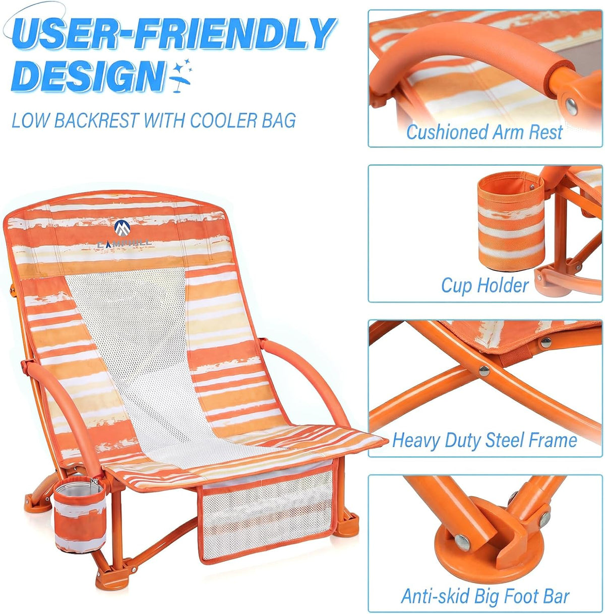 Beach Chairs for Adults 2 Pack,Heavy Duty Folding Low Back Camping Chairs w/Cooler Bag,Mesh Back,Cup Holder & Storage Bag,Compact Sling Chair for Lawn,Picnic,Travel,Orange Strip