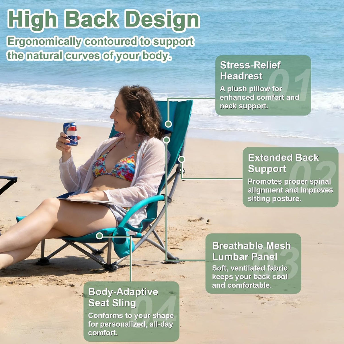 Romswi High Back Beach Chair, Compact Lightweight Low Seat Camping Chair, Fits in Suitcase, 300lbs Heavy Duty Oversized Backpack Chair with Cup Holder & Storage Bag, Green