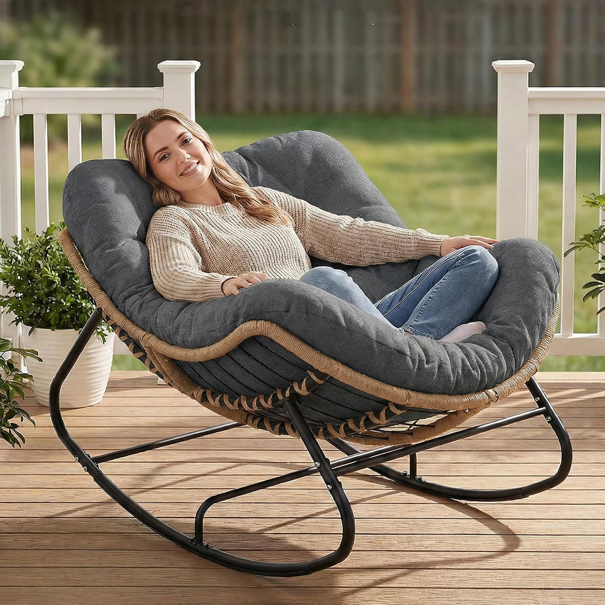 SWITTE Outdoor Rocking Papasan Chair with Thick Cushion, Dark Gray