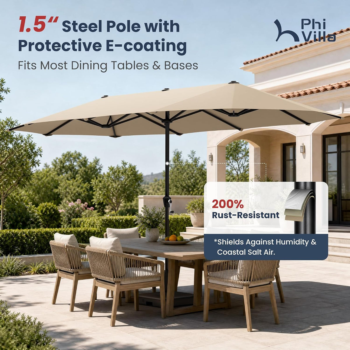 PHI VILLA 13ft Large Outdoor Patio Double-Sided Umbrella, Rectangle, Beige