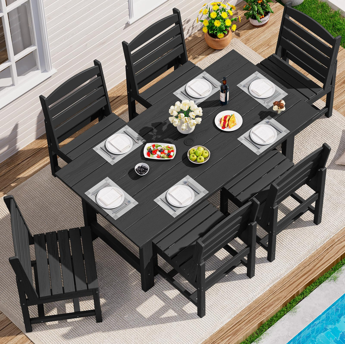 SERWALL 7 Pcs Outdoor Dining Set, 67" HDPE Dining Set for 6, Black