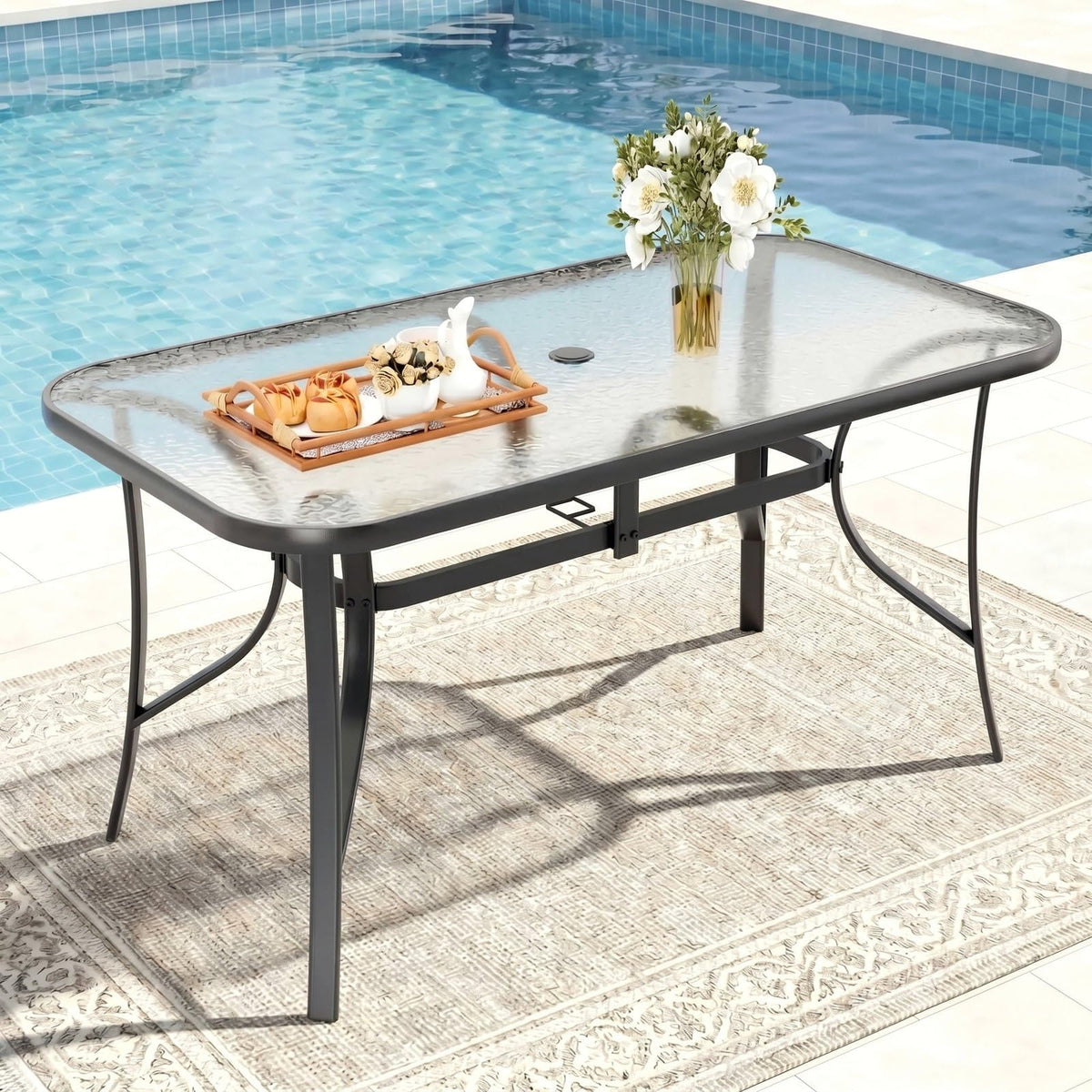 TLSUNNY Patio 30"X 55" Rectangular Glass Table with 1.69″ Umbrella Hole