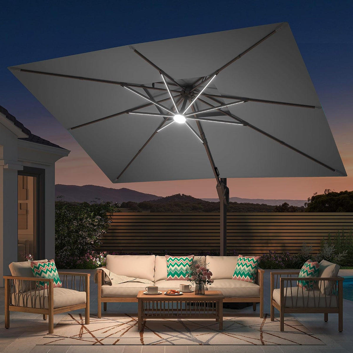 Deconk 9' X 12' Patio Cantilever Outdoor Umbrella with Base and LED Lights