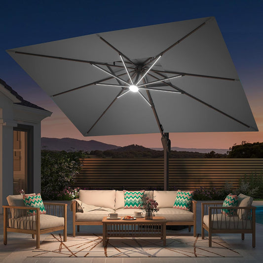 Deconk 9' X 12' Patio Cantilever Outdoor Umbrella with Base and LED Lights