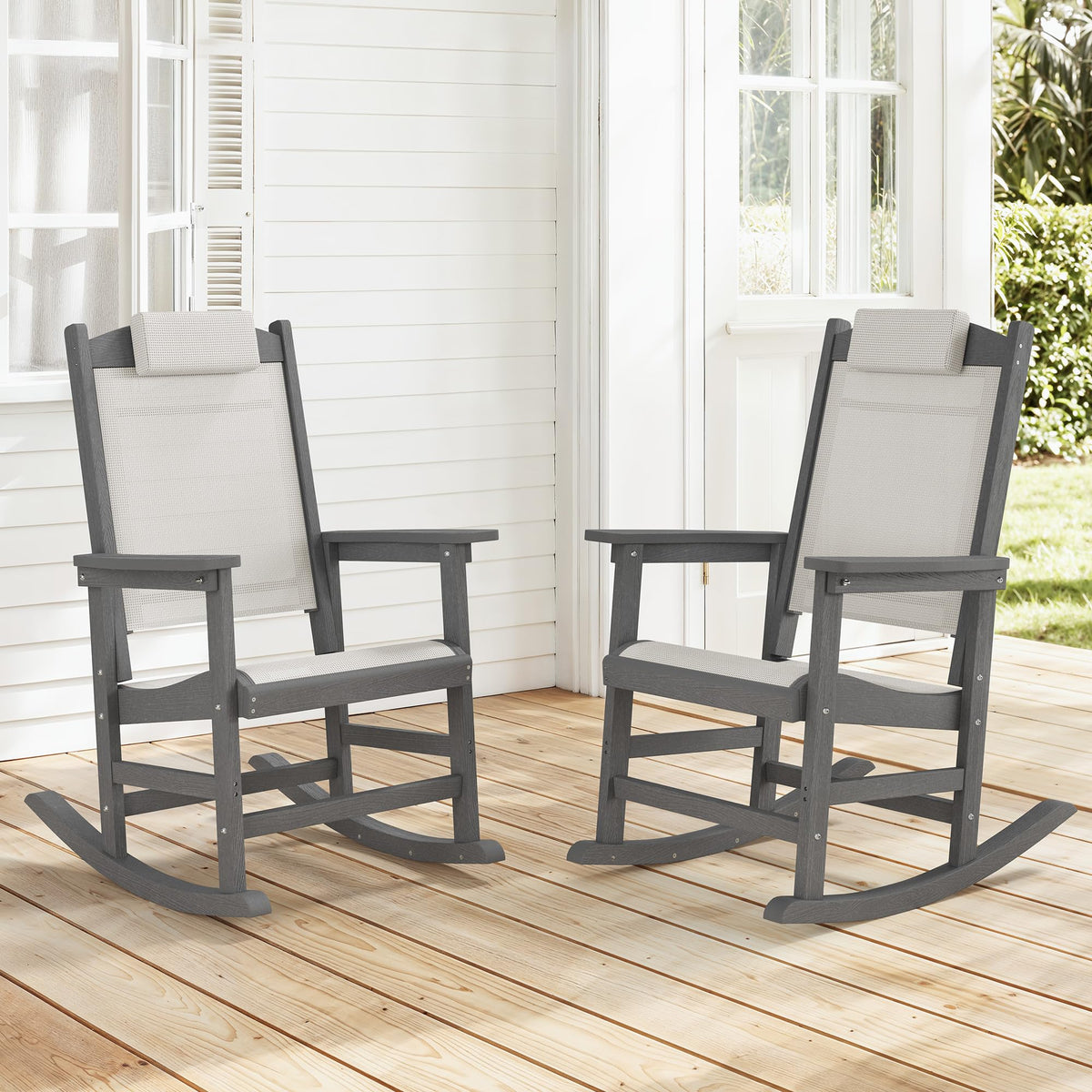 Outdoor Rocking Chair Set of 2 with Removable Headrest, HDPE All-Weather Rocker with Breathable Textilene, Patio Rocking Chairs for Adult, High Back Smooth for Porch, Garden, Lawn, Black