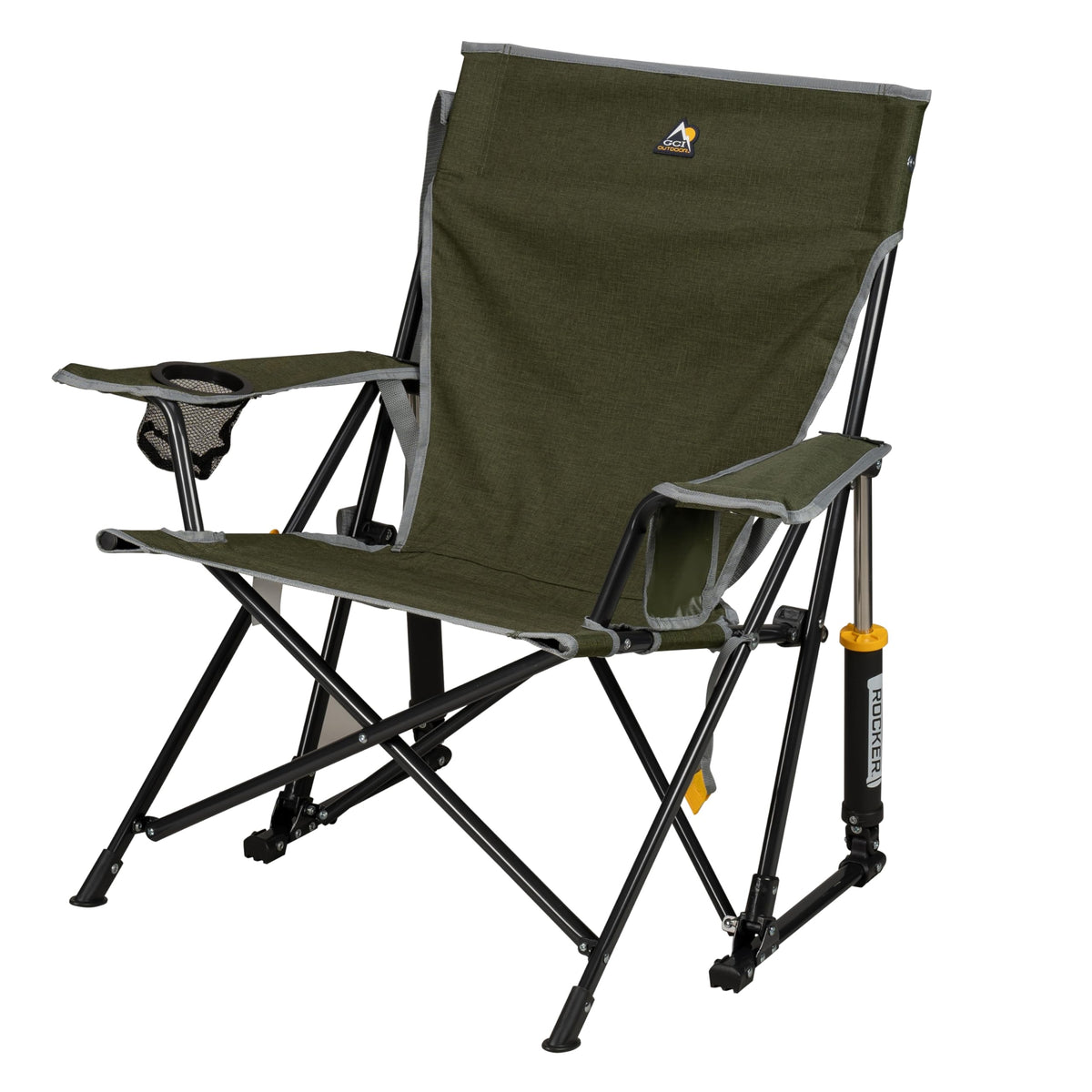 GCI Outdoor Kickback Rocker Camping Chair | Portable Folding Rocking Chair with Durable Armrests, Drink Holder & Relaxed Lowered Seat for Comfort — Red