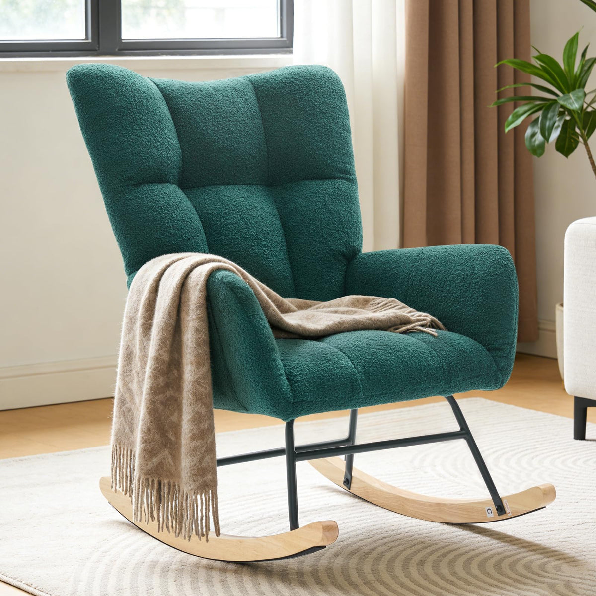 DUMOS Nursery Rocking Chair Teddy Upholstered, Comfy Glider Rocker with High Backrest Armchair Padded Seat, Accent Side Chair for Living Room Bedroom Offices Small Spaces Indoor, Beige