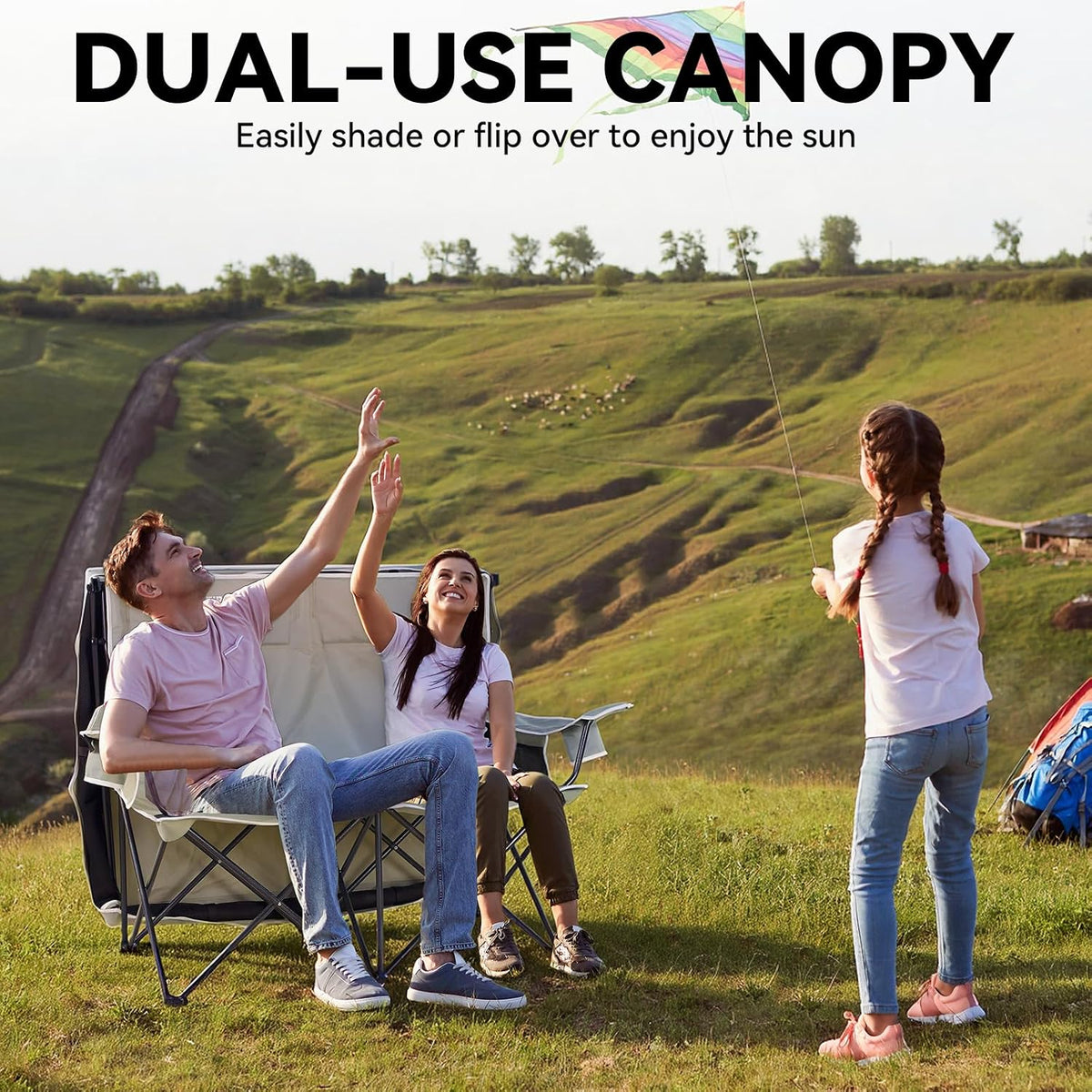 Double Camping Chair with Canopy,2 Person Folding Chair with Canopy, Green