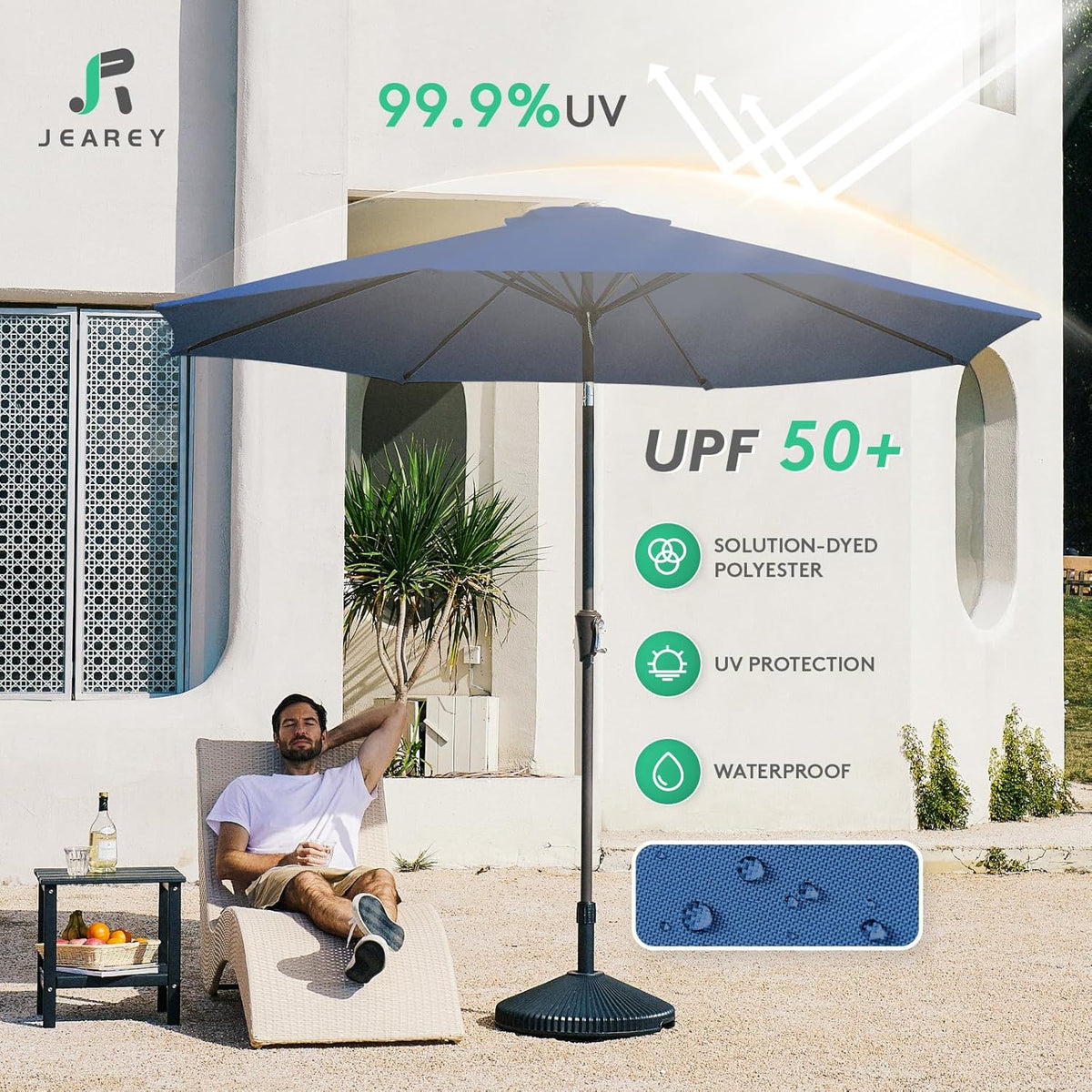 JEAREY 9FT Outdoor Patio Umbrella, Market Umbrella, Dark Blue
