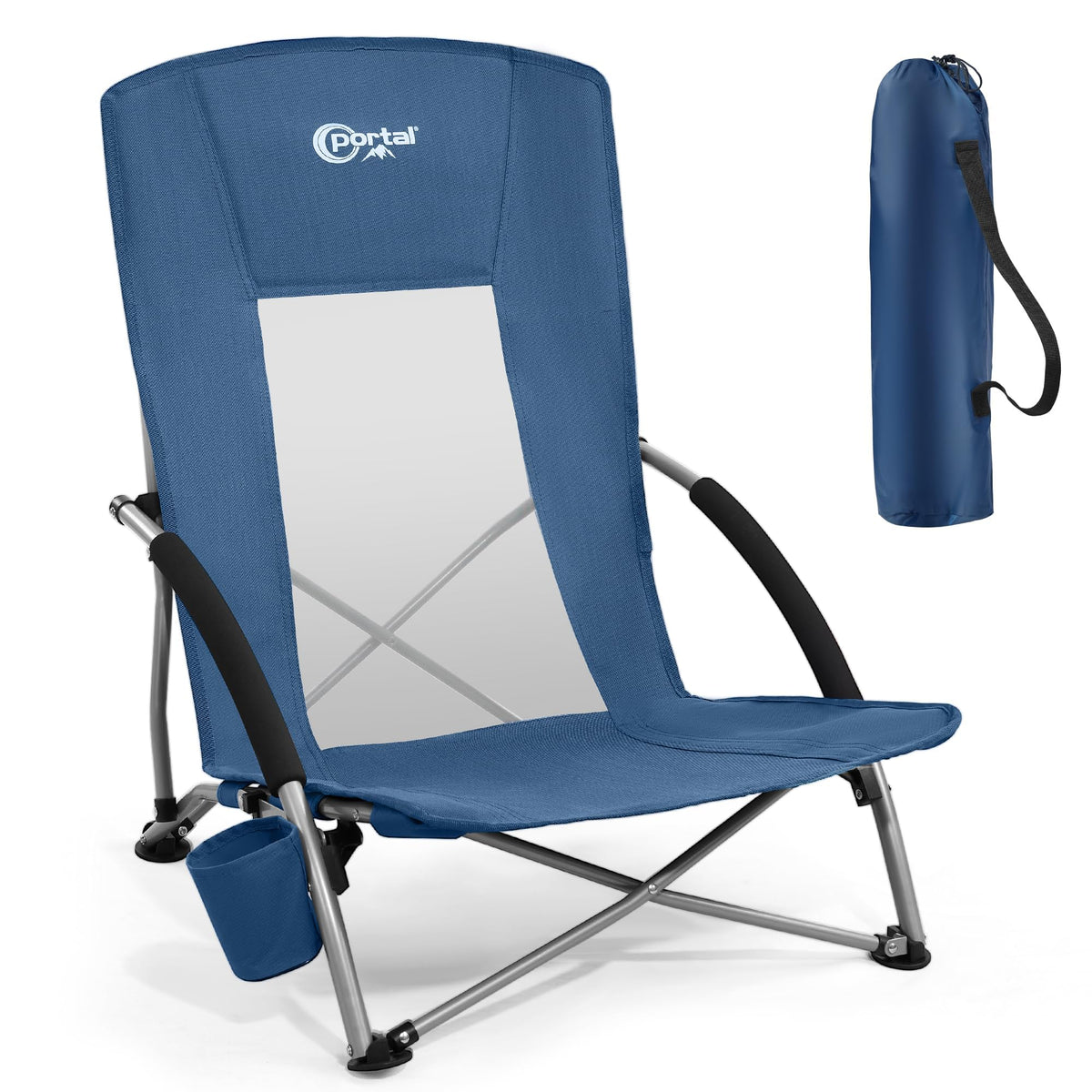 Portal Beach Chairs for Adults Camping Low Lightweight Portable Chair with Cup Holder Mesh Back Carry Bag for Outdoor Sand Lawn Travel Picnic Festival Concert