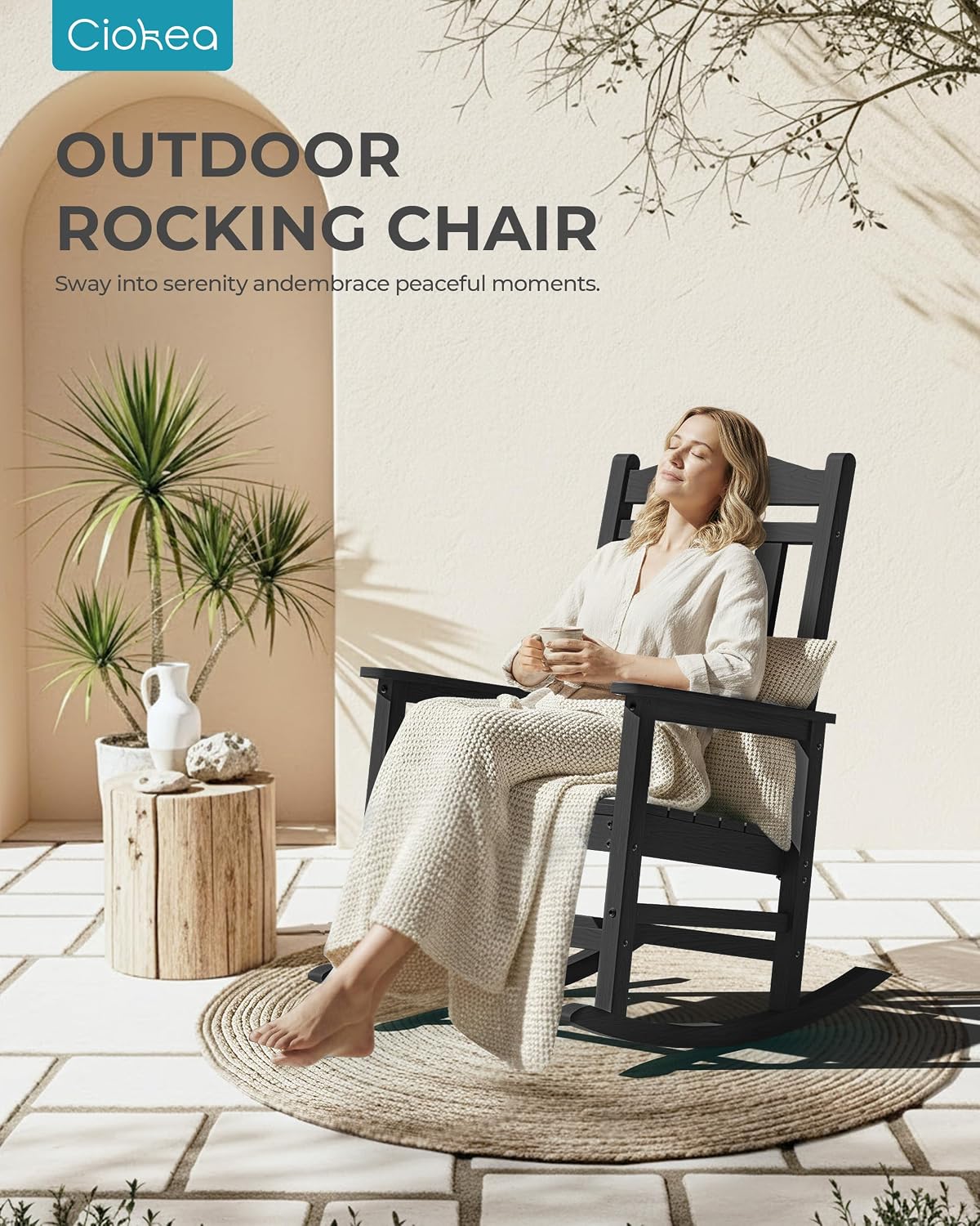 Ciokea Oversized Outdoor Rocking Chair, 380lbs Heavy-Duty Large Patio Rocker, Weather Resistant & Anti-Fade Porch Chair, High Back Cozy Rocking Chair for Outside, Fire Pit, Deck, Garden, Black