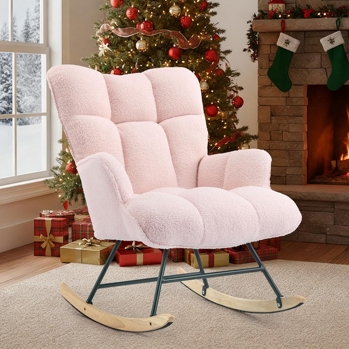 SAETSFEG Rocking Chair Nursery Teddy Upholstered Glider Rocker Rocking Accent Chair Padded Seat with High Backrest Armchair Comfy Side Chair for Living Room Bedroom Offices (Pink Teddy)