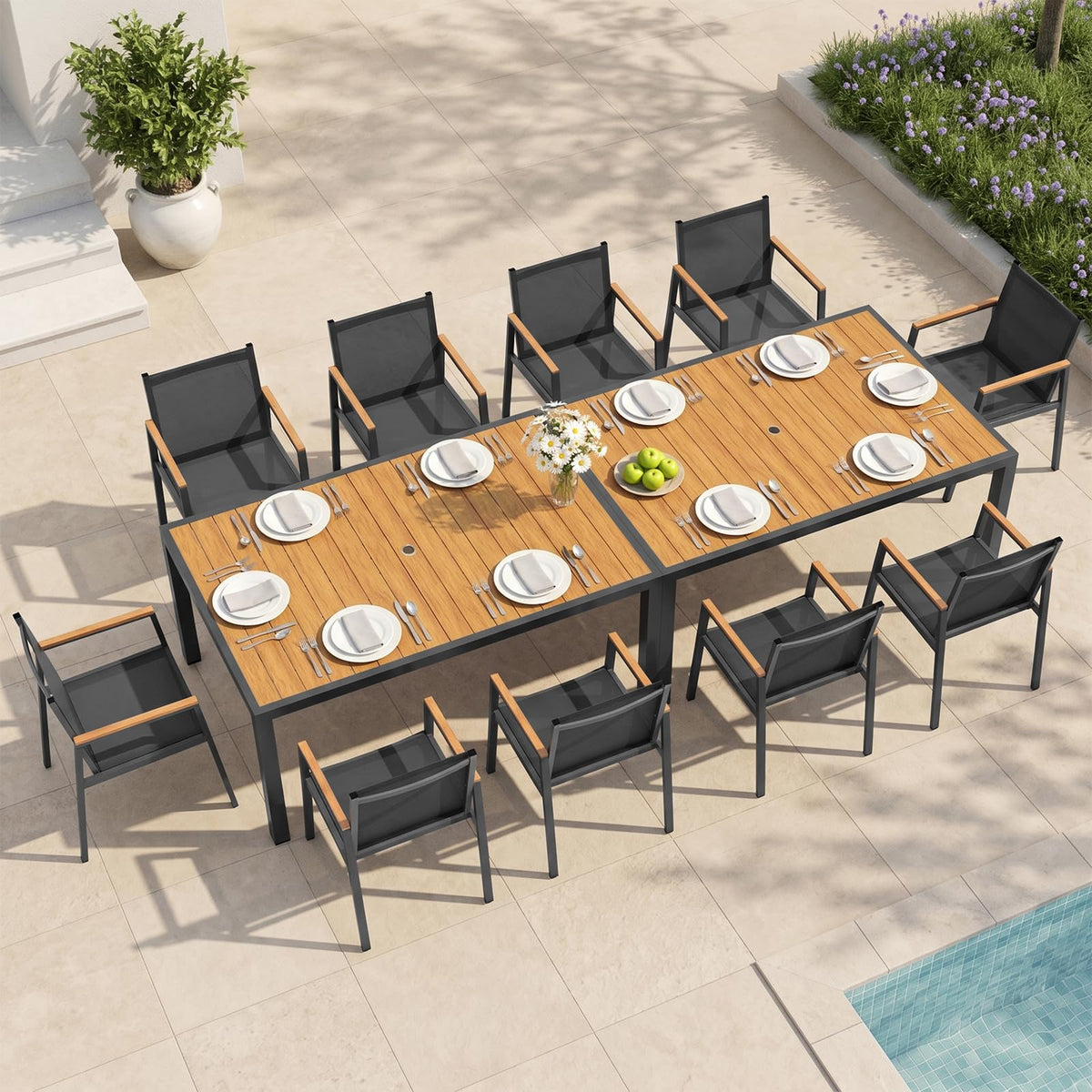 Outdoor Dining Set, 7 Piece Aluminum Patio Table and Chairs Set, All Weather Patio Dining Furniture Set with Umbrella Hole for Backyard, Deck, Poolside (Gray-Teak)