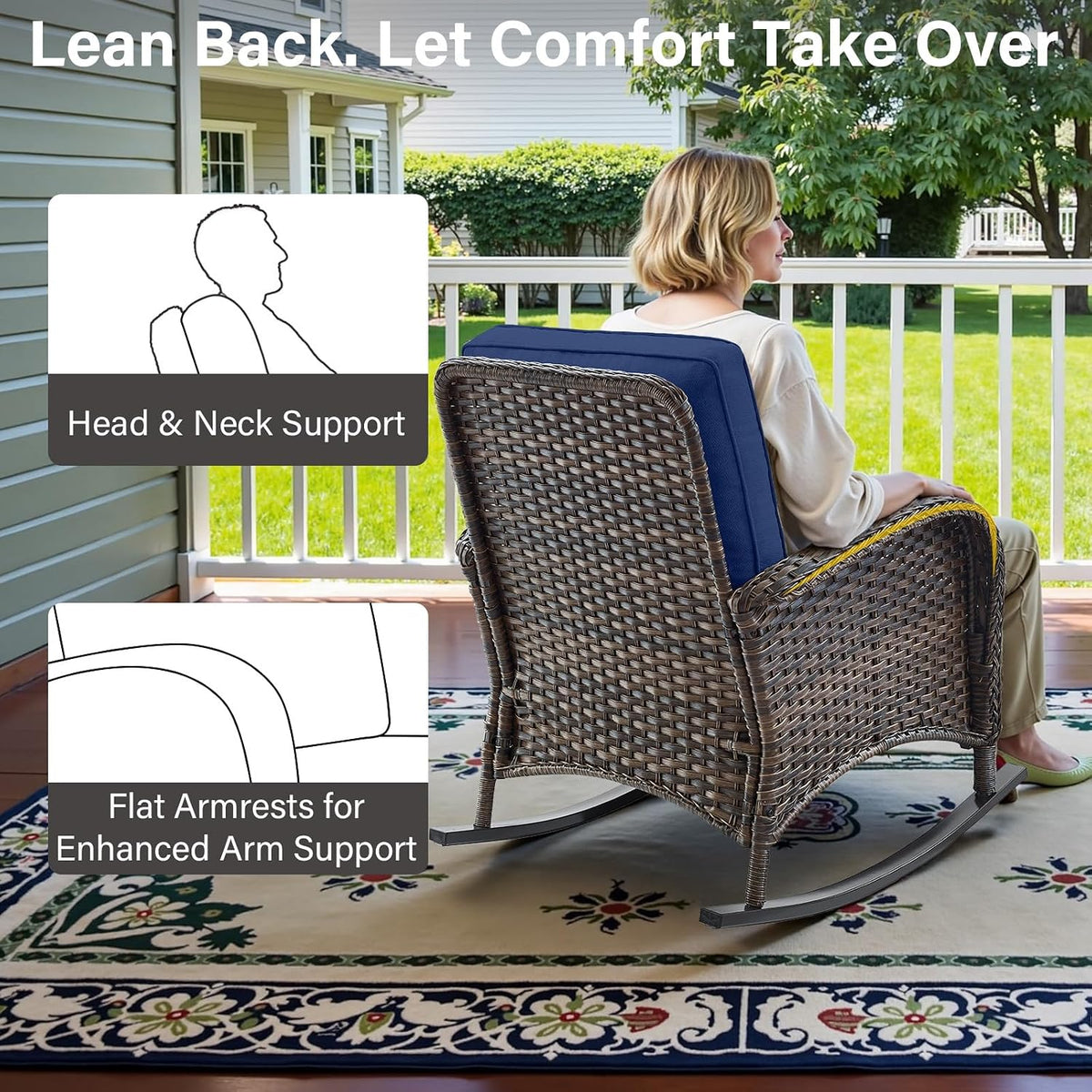 Belord Patio Rocking Chair Wicker Chair, 1 Piece Outdoor Rocking Chair Seating with Cushions for Porch Deck Balcony, Brown/Blue