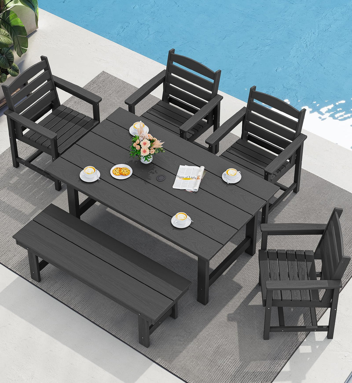 SERWALL 7 Pcs Outdoor Dining Set, 67" HDPE Dining Set for 6, Black