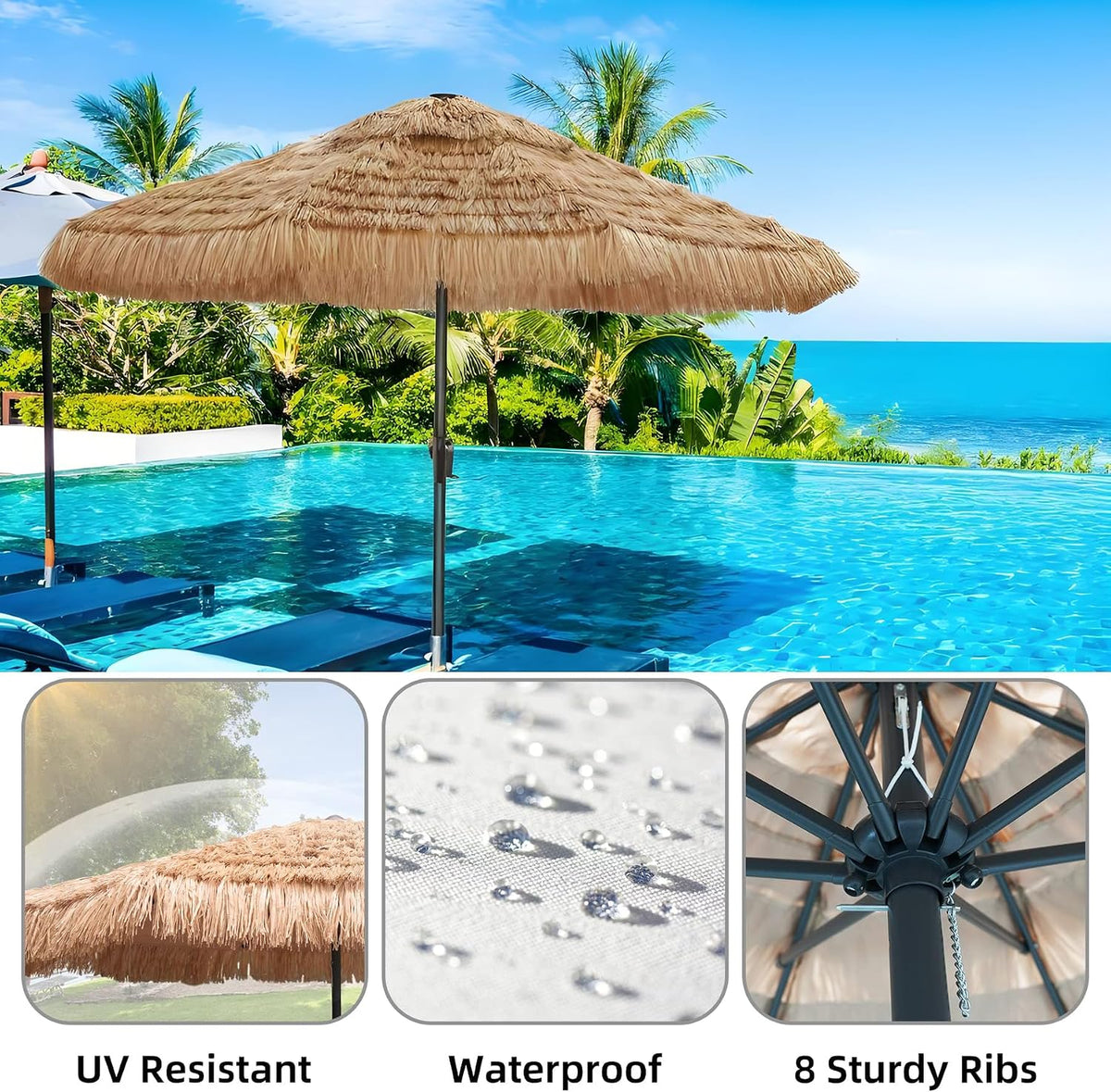 AMMSUN 9ft Hula Thatched Tiki Umbrella Hawaiian Style Beach Patio Umbrella and 8 Ribs with Crank Lift UPF 50+ Outdoor Tiki Bar, Tropical Palapa, Patio Garden Beach Pool Backyard Natural Color
