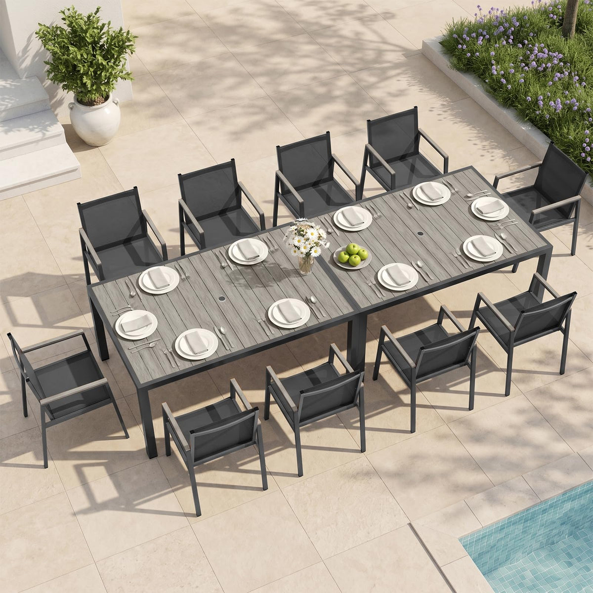 Outdoor Dining Set, 7 Piece Aluminum Patio Table and Chairs Set, All Weather Patio Dining Furniture Set with Umbrella Hole for Backyard, Deck, Poolside (Gray-Teak)