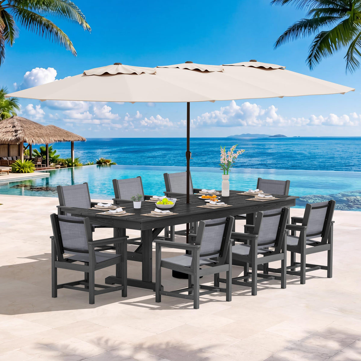 SERWALL Outdoor 84" HDPE Rectangular Dining Table for 6-8,All-Weather,Black