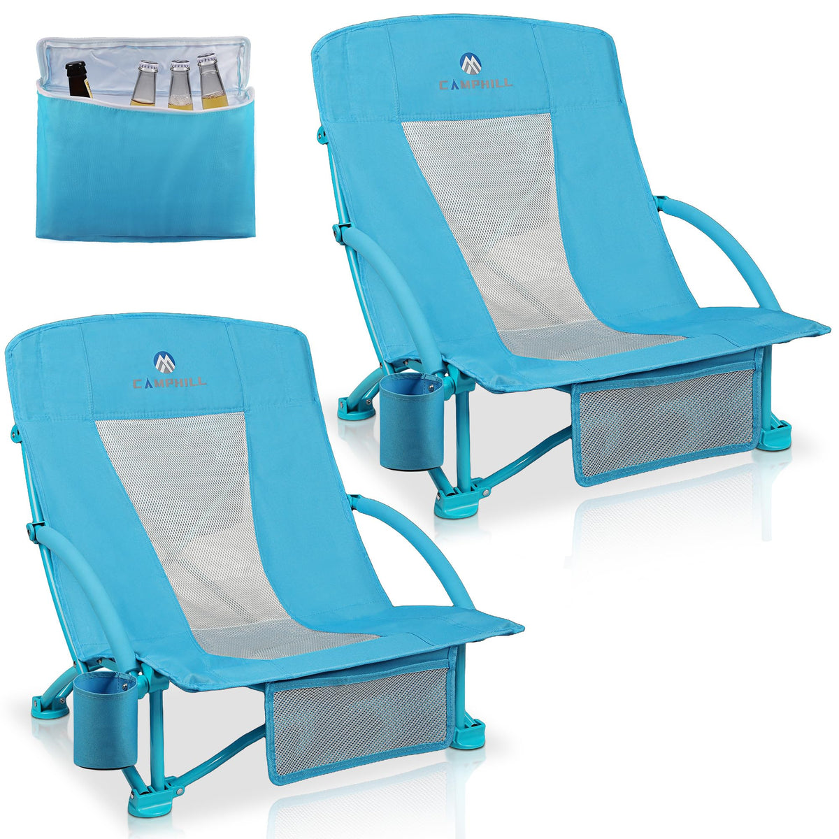 Beach Chairs for Adults 2 Pack,Heavy Duty Folding Low Back Camping Chairs w/Cooler Bag,Mesh Back,Cup Holder & Storage Bag,Compact Sling Chair for Lawn,Picnic,Travel,Orange Strip