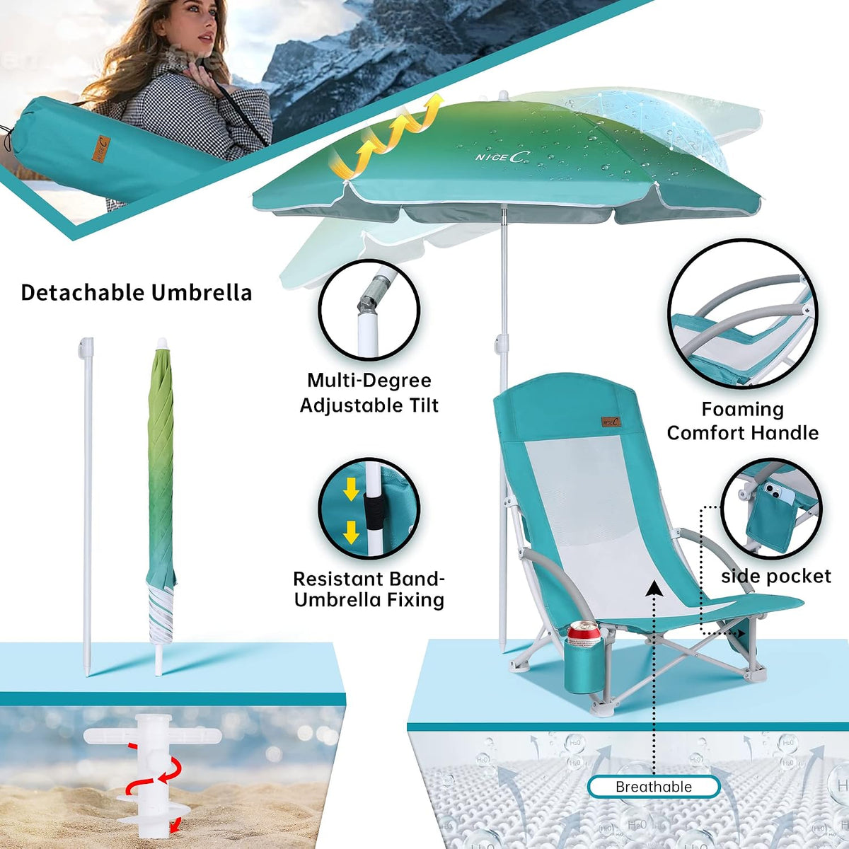 Nice C Low Beach Chair with Umbrella, Sand Chair, Lake Chair (1 Pack Blue)