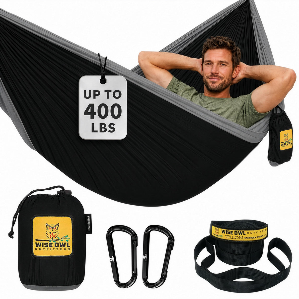 Wise Owl Outfitters Camping Hammock – up to 500lbs Portable Hammock with Tree Straps - Travel, Backpacking, Hiking, Outdoors Camping Gear - Single or Double