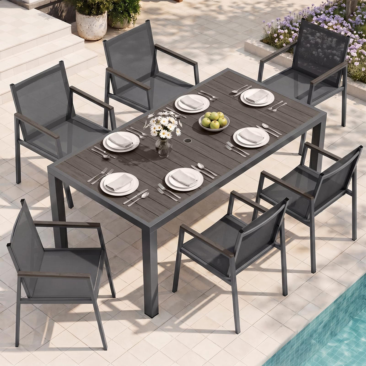 Outdoor Dining Set, 7 Piece Aluminum Patio Table and Chairs Set, All Weather Patio Dining Furniture Set with Umbrella Hole for Backyard, Deck, Poolside (Gray-Teak)