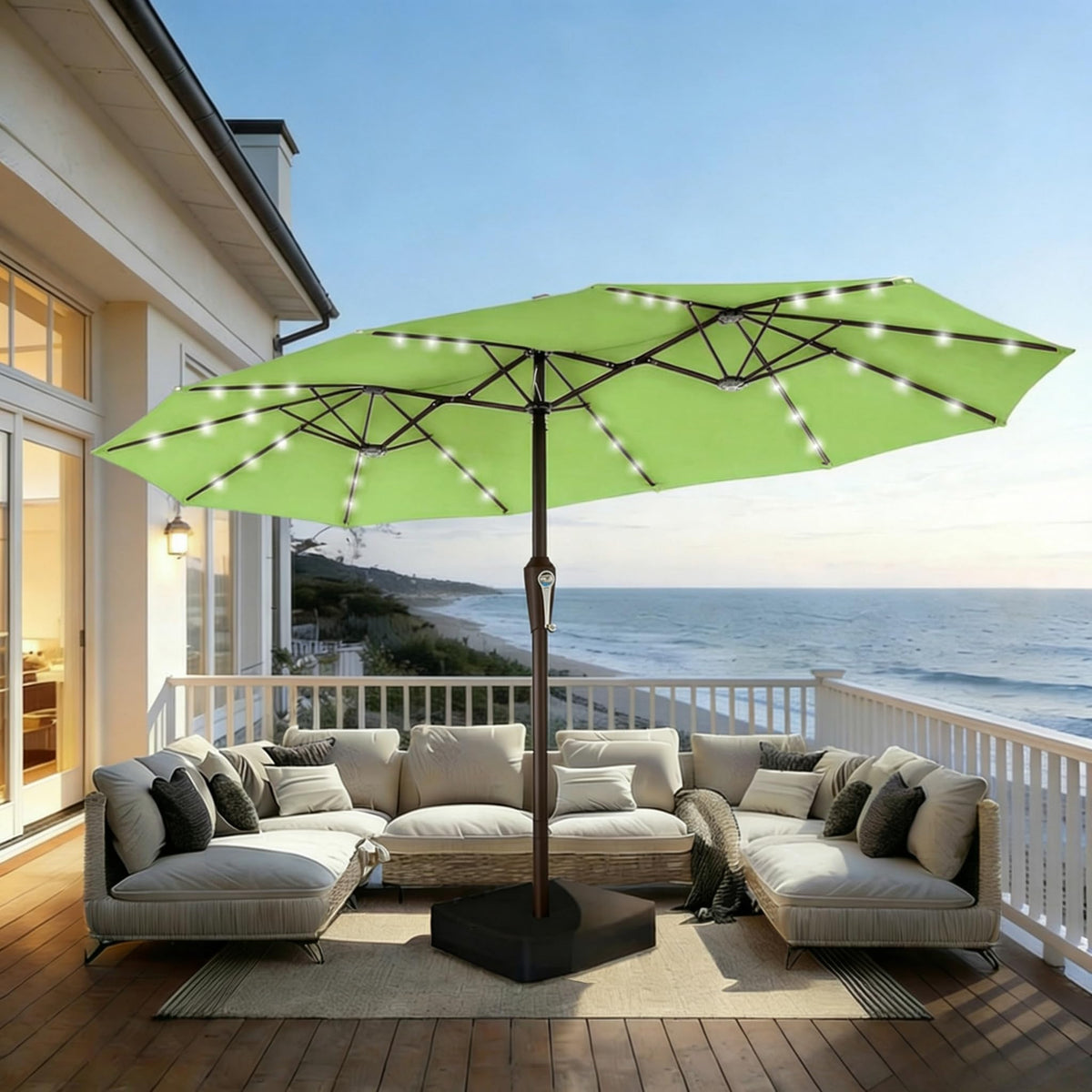 15FT Patio Umbrella with Solar Lights, Double-Sided Extra Large Outdoor Table Umbrella with Base Included, Heavy-Duty 12 Iron Ribs Market Umbrella for Garden, Pool, Backyard, Turquoise Blue