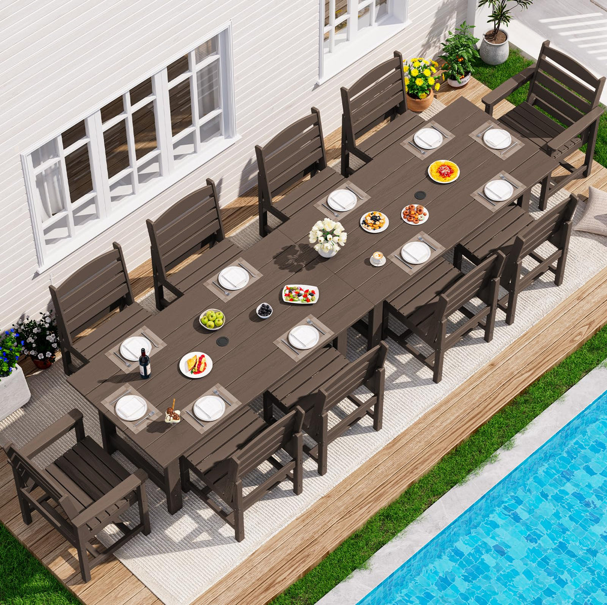 SERWALL 7 Pcs Outdoor Dining Set, 67" HDPE Dining Set for 6, Black