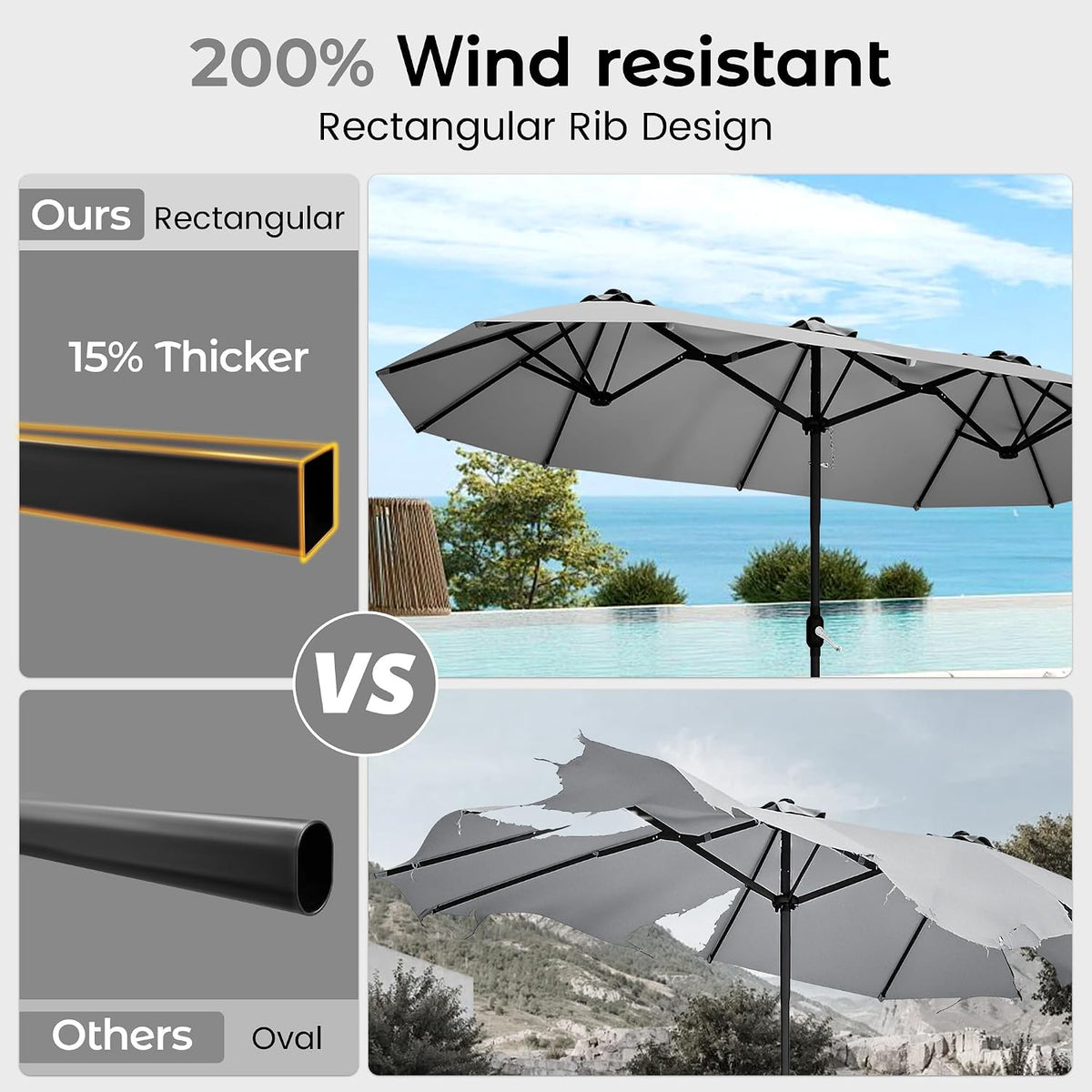 15ft Large Double-Sided Rectangle Patio Umbrella with Base Included,Gray
