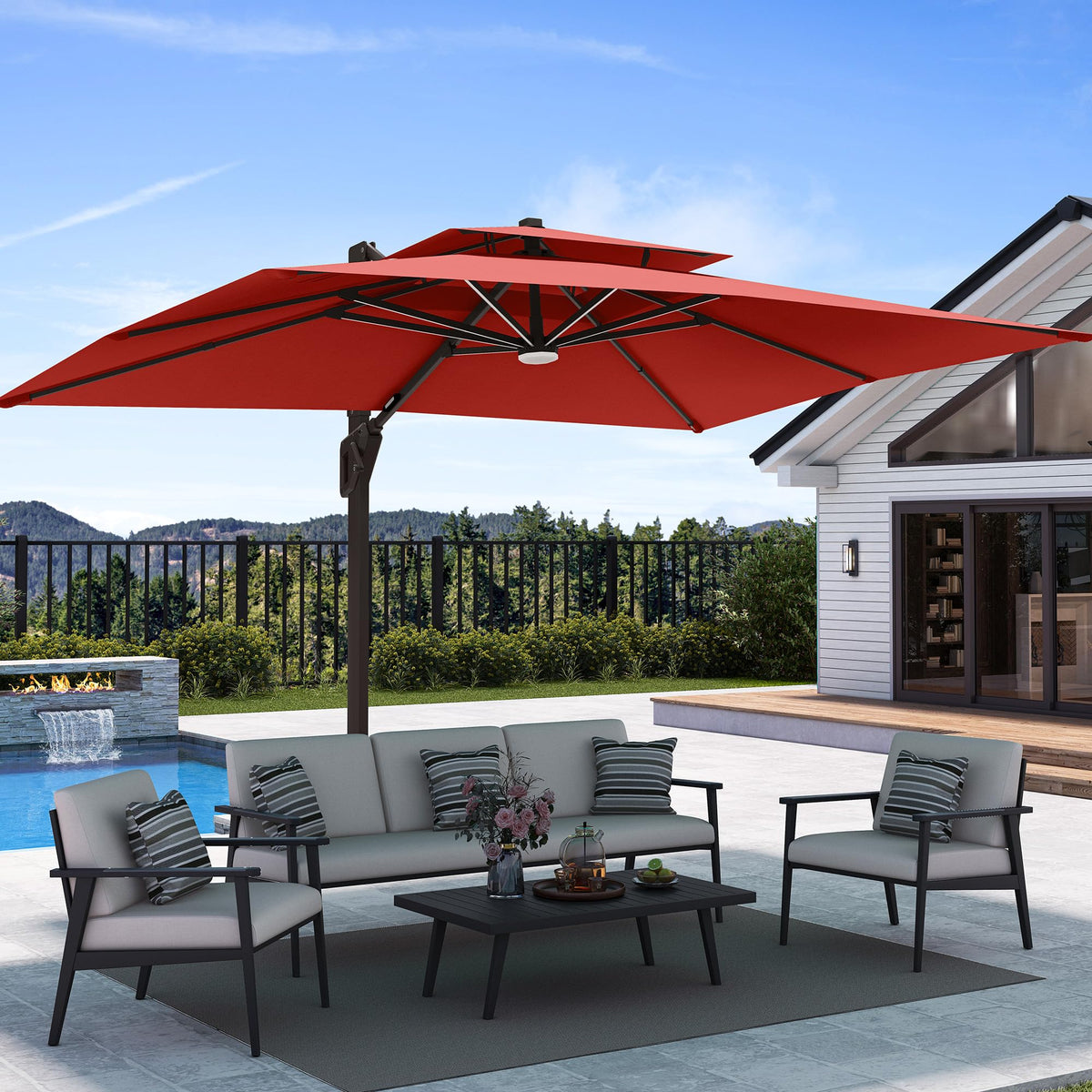 Deconk 9' X 12' Patio Cantilever Outdoor Umbrella with Base and LED Lights