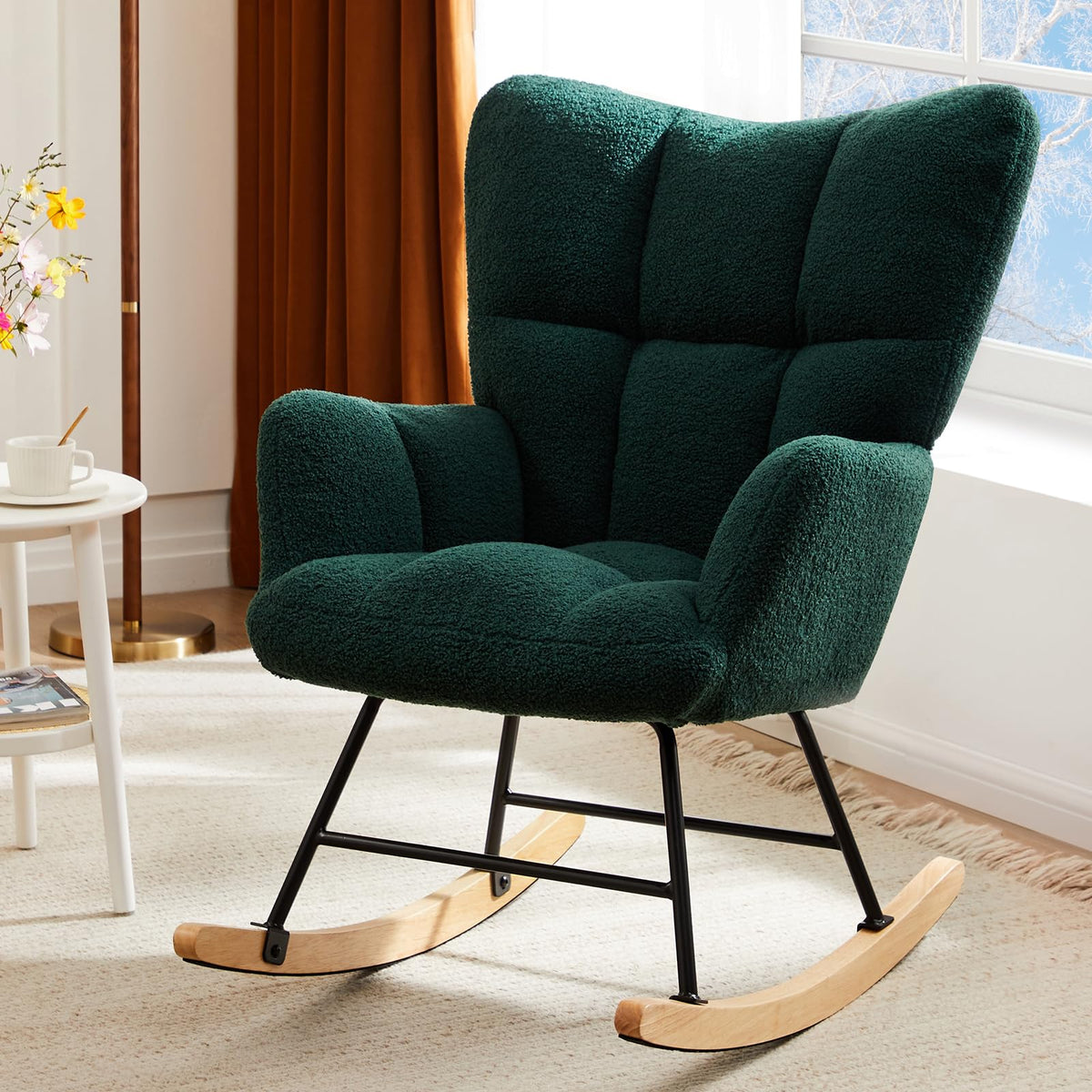 DUMOS Nursery Rocking Chair Teddy Upholstered, Comfy Glider Rocker with High Backrest Armchair Padded Seat, Accent Side Chair for Living Room Bedroom Offices Small Spaces Indoor, Beige